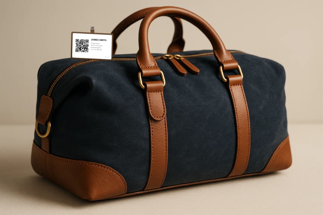 Navy canvas and leather duffel bag studio shot